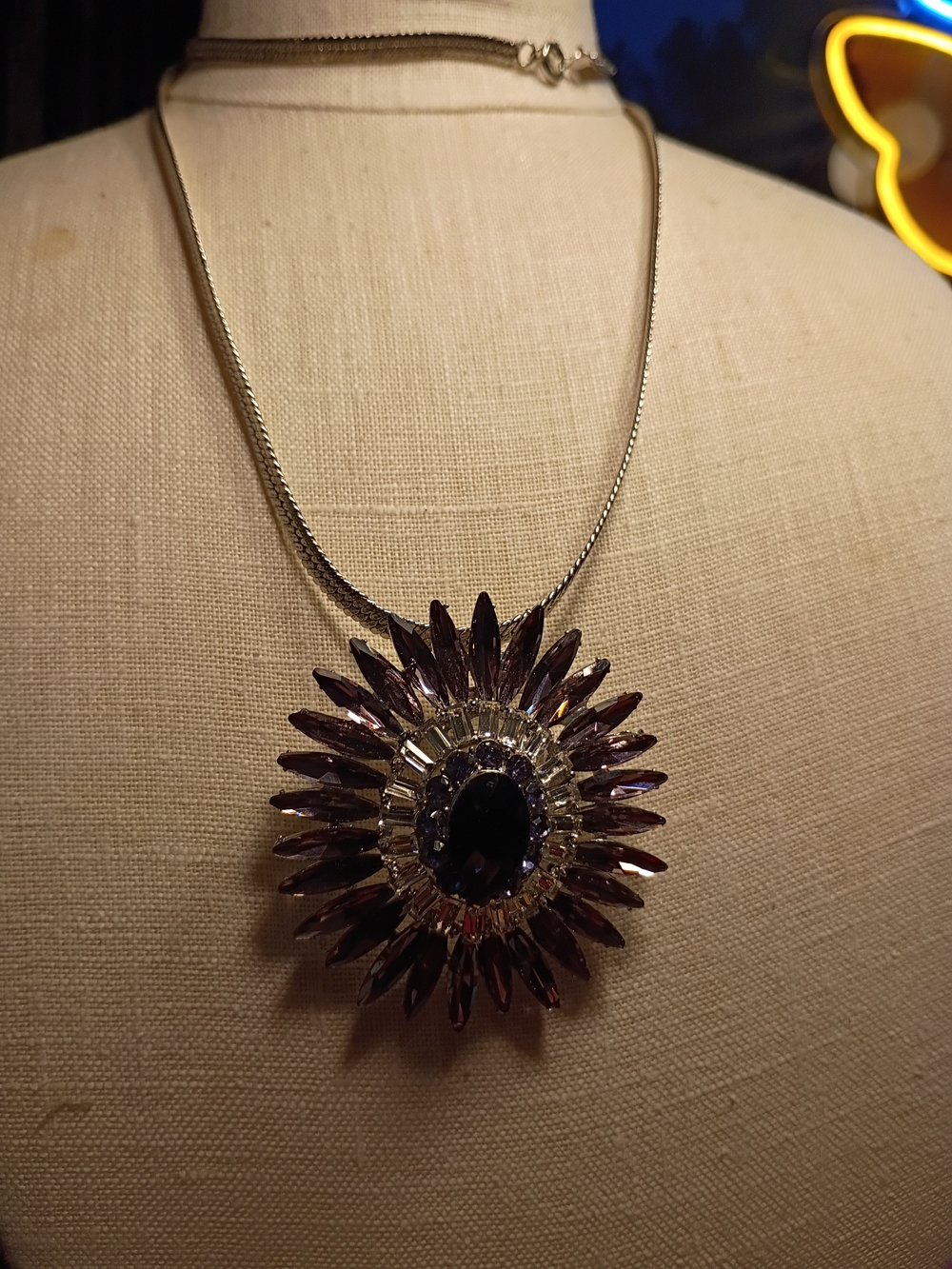 Statement Sunburst Pendant/Brooch Necklace - Purple Crystal
